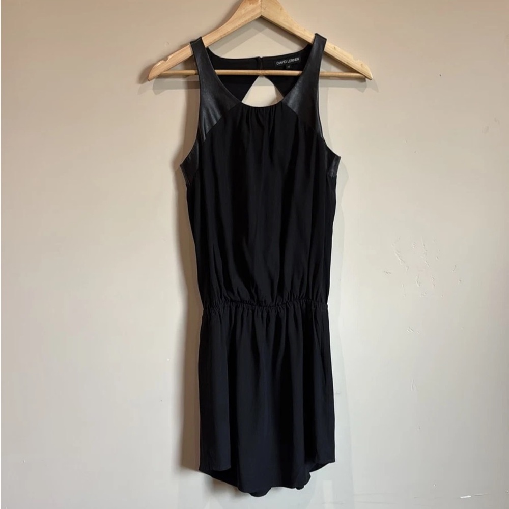 David Lerner Black Sleeveless Blouson Mini Dress Faux Leather Trim XS